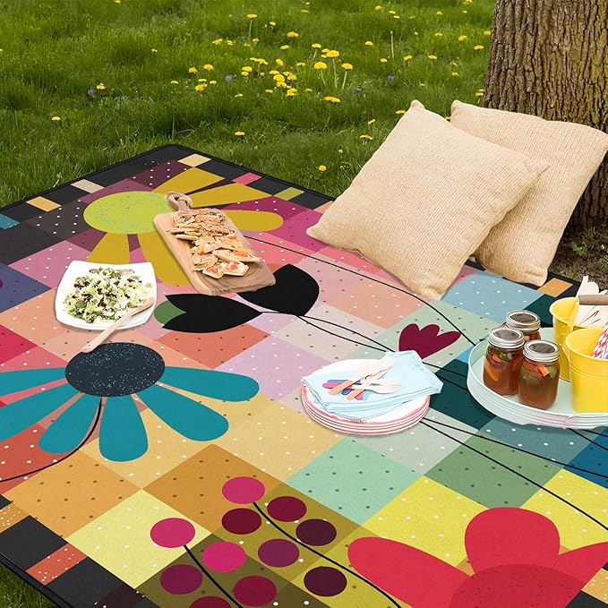 Abstract Floral Picnic Blankets Waterproof Foldable 60″X80″ Thick Picnic Mat Outdoor Blanket for Grass Modern Beach Blanket Sandproof Picnic Accessories for Camping Party Park Travel