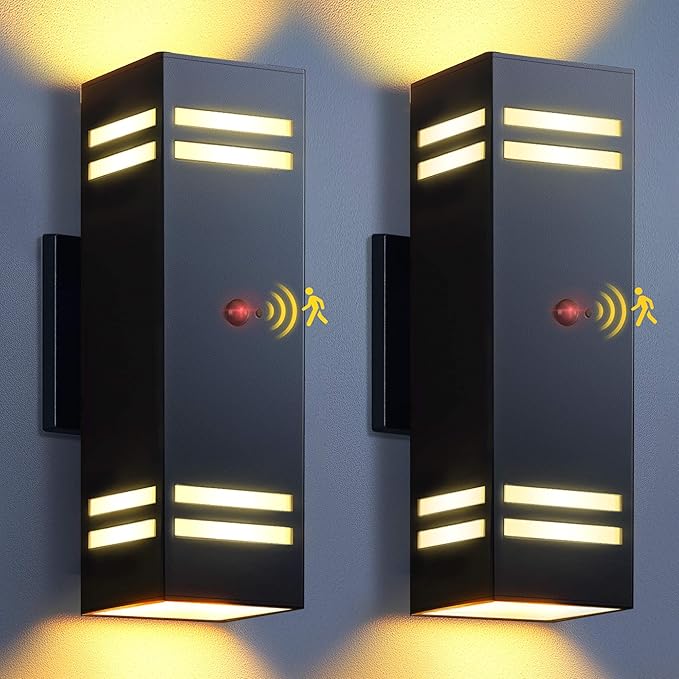 KIZON Motion Sensor Outdoor Lights 2 Pack Dusk to Dawn Outdoor Wall Lights Black Exterior Lighting Fixtures with E26 Base Modern Sconce Motion Detector Lights for House Porch