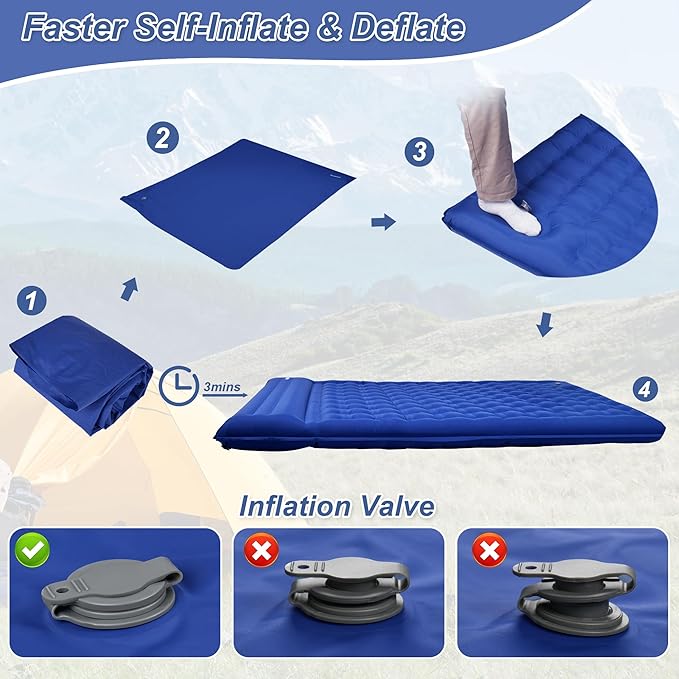 KASIMO Double Sleeping Pad for Camping5 Ultra-Thick 1.4x2M for 2 Person with Pillow Built-in Foot Pump Inflatable Sleeping Mat for Backpacking Hiking Traveling Tent Portable Camping Mat