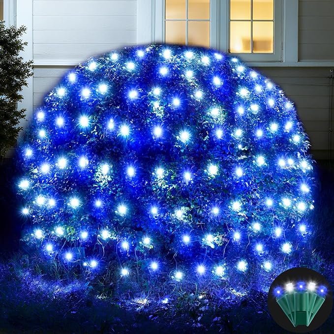 Led Net Lights Christmas Lights Outdoor 200Led 9ftx6ft Upgraded White and Blue Christmas Net Lighting Waterproof 5mm LED Wide Angle Outdoor Indoor Mesh Net Light for Tree Bushes Shrubs Decorations