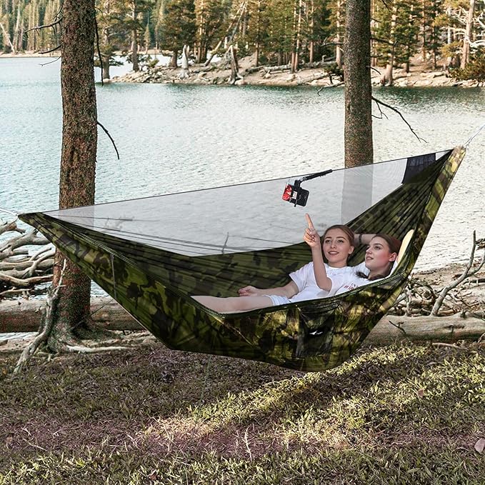 Camping Hammock with Mosquito Net and Ridge Rope Extra Large for 2 Person Lightweight Hanging Hammocks Tree Straps All-in-one Fast Open Hammock for Outside Hiking and Travel