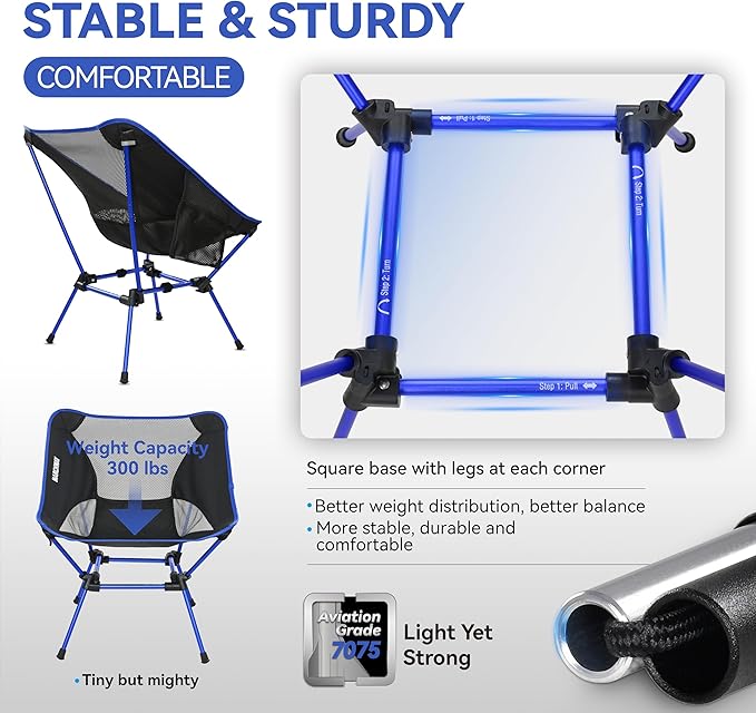 MARCHWAY Ultralight Folding Camping Chair Heavy Duty Portable Compact for Outdoor Camp Travel Beach Picnic Festival Hiking Lightweight Backpacking (Dark Blue)