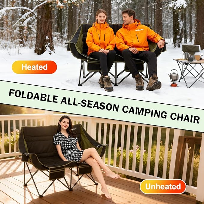 Heated Camping Chair Oversized Heated Double Camping Chair for Adults 2 People Heated Folding Outdoor Sports Chairs for Lawn Hunting and Picnic Supports 750 lbsBattery Not Included