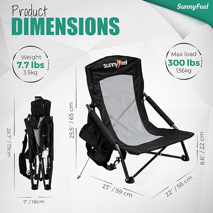 SUNNYFEEL Folding Low Camping Beach Chair 2 Pack Lightweight Portable Lawn Chair with Mesh Back Cup Holder for Outdoor/Travel/Picnic/Concert Foldable Camp Backpack Chair with Carry Bag