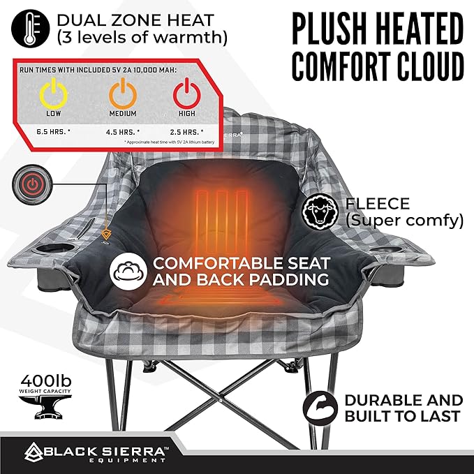 Black Sierra Heated Fleece Camping Chair for Adults Oversized Outdoor Seat with Plush Padding Supports 400lbs Cup Holders and Carry Bag Heavy Duty Folding Chair for Tailgating or Patio (Black)