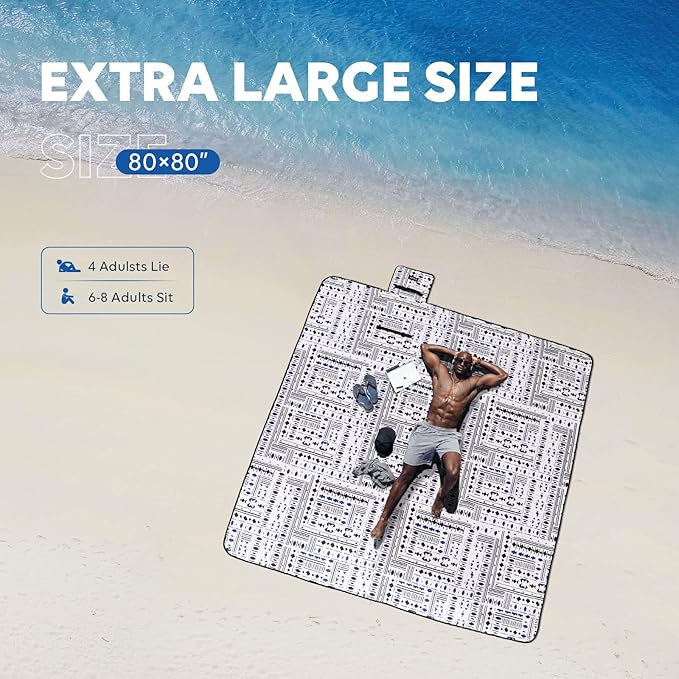 ZAZE Picnic Blankets Beach Blanket with Stakes Thick 3-Layer Waterproof Sandproof 80 * 80 Oversized Mat Foldable Extra Large Big Machine Washable Accessories for Outdoor Camping Park (Black Blue)