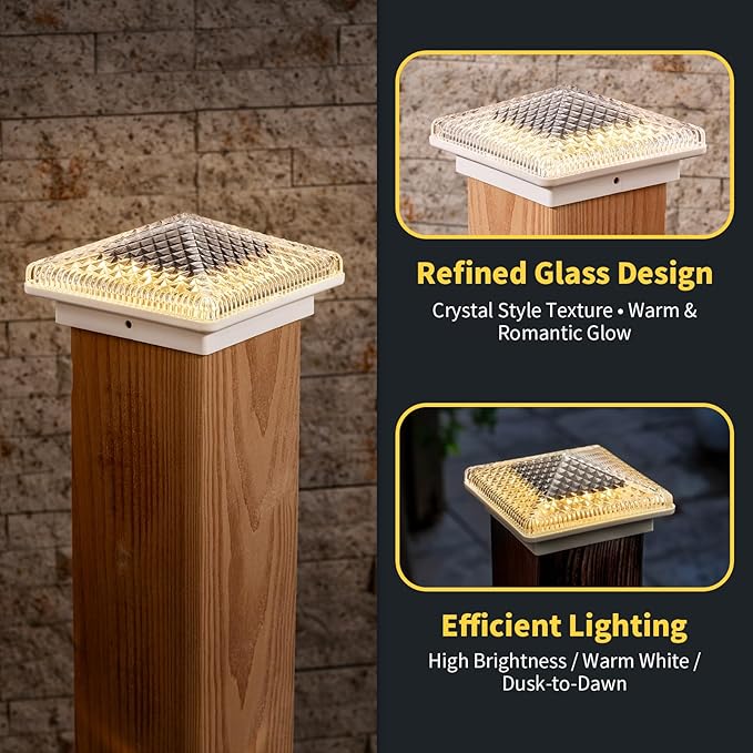 Glass Solar Post Cap Lights with Crystal Style - Decorative Deck Fence Lights for 4x4 5x5 Posts Hidden Solar Panel Modular Design 10Hr Runtime IP65 Warm White White 2 Pack
