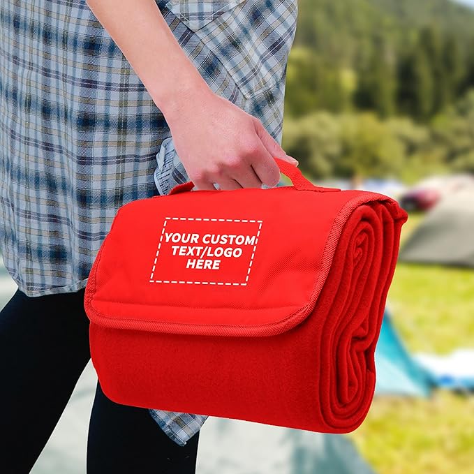 DISCOUNT PROMOS Custom Roll Up Picnic Blankets Set of 10/50/100 Personalized Bulk Pack Great for Camping Picnic Beach Sports Outdoor Activities - Red