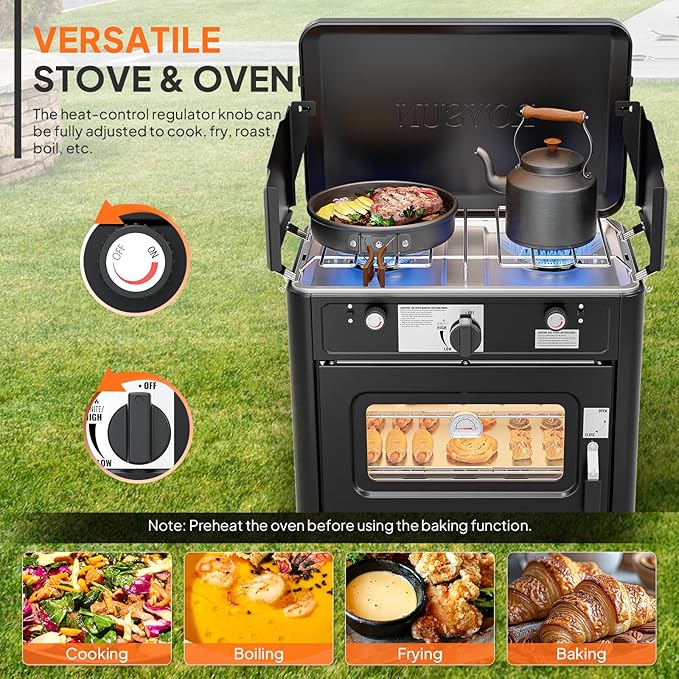 ROVSUN 2-in-1 Portable Camping Stove &amp Propane Oven with Piezo Igniter 2 Burner Stove &amp Outdoor Oven with Adjustable Fire Thermometer Wind Panel &amp Regulator for Traveling Tailgating (B