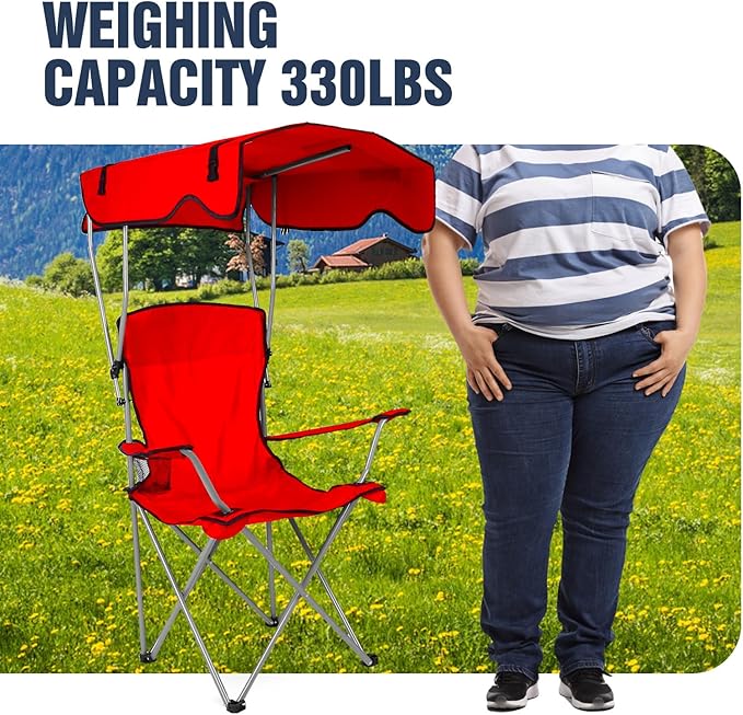 Camping Chair with Canopy Portable Outdoor Folding Beach Chairs with Cup Holder 330LBS Load Lawn Chair for Outside Fishing Beach Picnic (Red)