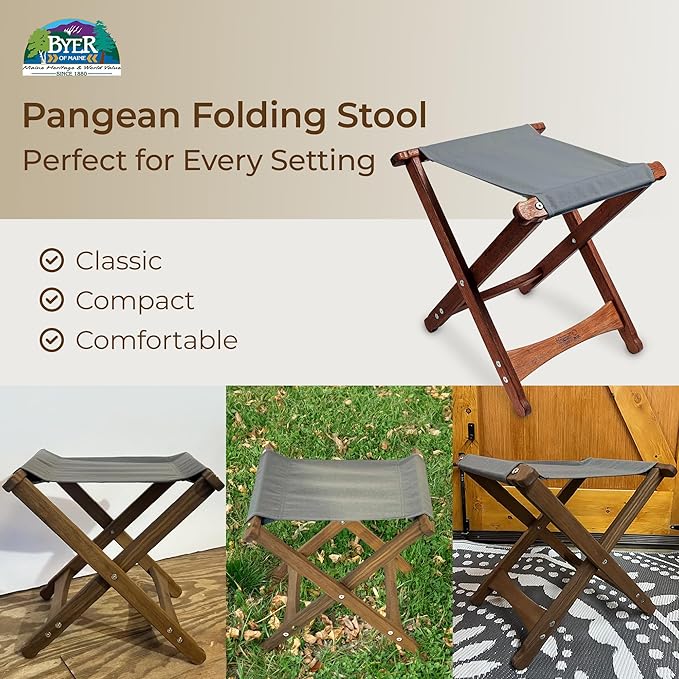 BYER OF MAINE Pangean Folding Stool – Canvas Camp &amp Wood Camp Stool for Portable &amp Outdoor Seating in Granite