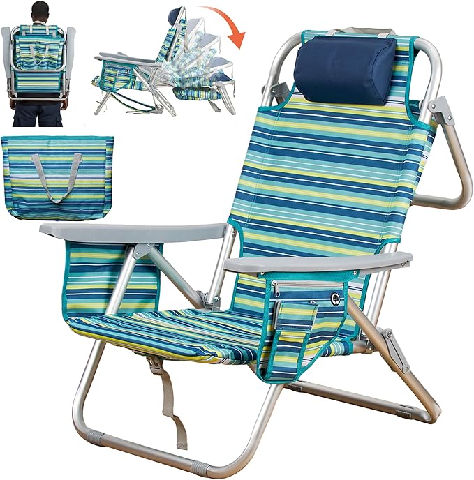Aluminum Backpack Low Profile Beach Chair - 5-Position Lay Flat Reclining Folding Chair with Removable Cooler Bag - Heavy Duty 330 lbs Capacity Lightweight Portable Sand Seat - Striped Green