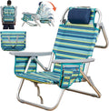 Aluminum Backpack Low Profile Beach Chair - 5-Position Lay Flat Reclining Folding Chair with Removable Cooler Bag - Heavy Duty 330 lbs Capacity Lightweight Portable Sand Seat - Striped Green