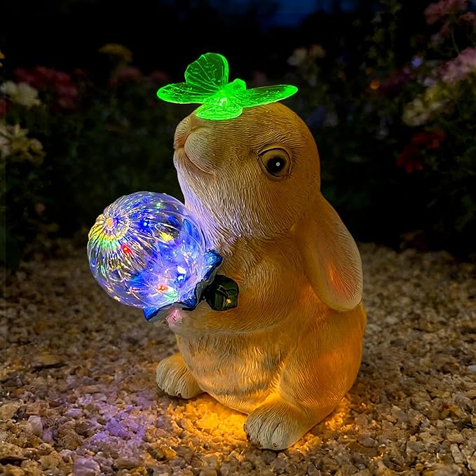 Hogni Solar Bunny Garden Statue Outdoor Decor Rabbit Figurines with LED Light Waterproof Solar Powered Yard Art for Patio Balcony Lawn Cute House Warming &amp Birthday Gifts for Mom Grandma Wo
