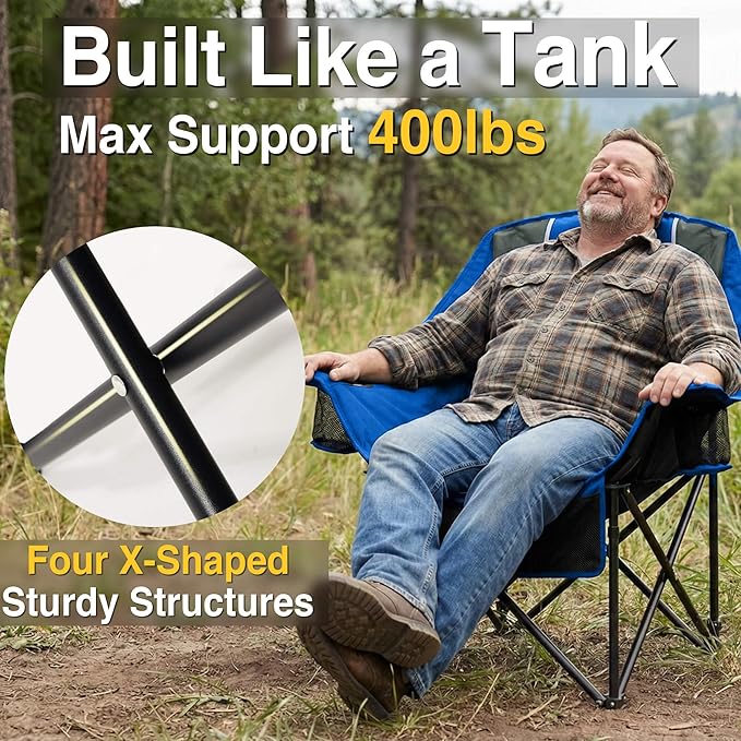 Oversized Camping Chair for Adults - Heavy Duty 400 lbs Padded Folding Chair with Wine Glass Holder 2 Cup Holders &amp Side Pockets Portable Carry Bag for RV Tailgating Lawn
