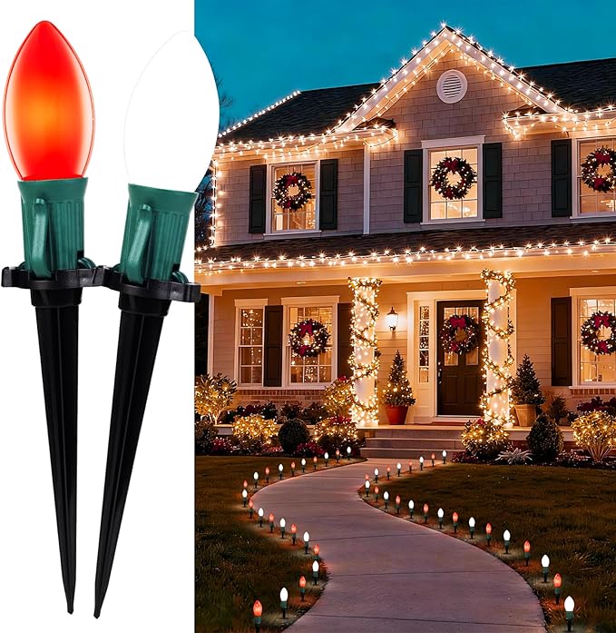Brightown Frosted C9 LED Christmas Lights Outdoor 2 Packs Total 51.4Ft 40 LED Bulbs Pathway Lights Christmas Decorations Outside Driveway Waterproof Walkway Sidewalk Red and White