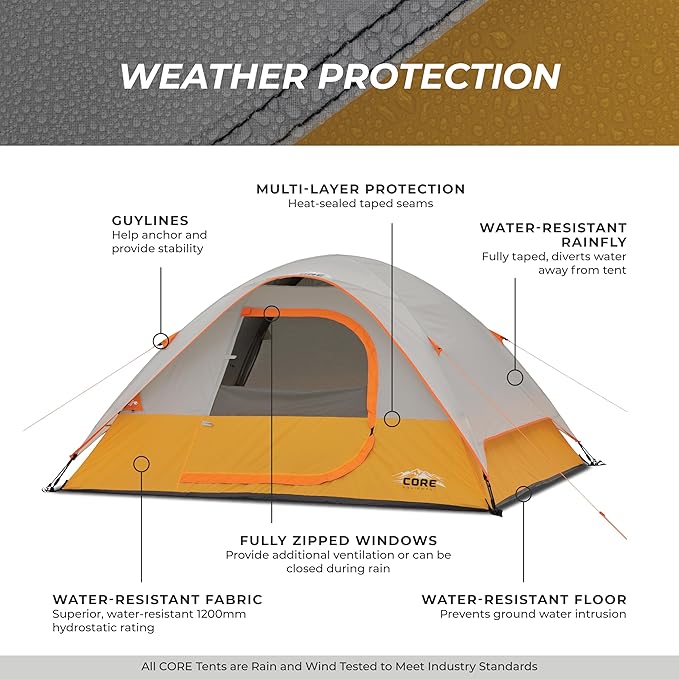 CORE Tent for Family Camping Hiking and Backpacking | 3 Person / 4 Person / 6 Person / 9 Person Person Dome Camp Tents with Included Tent Gear Loft for Outdoor Accessories