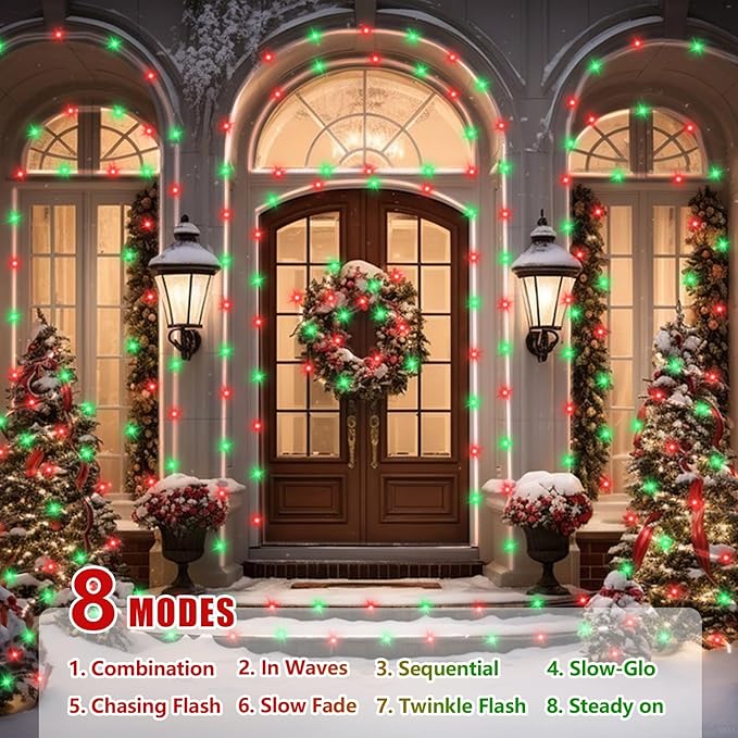 YEGUO Solar Christmas Light Outdoor Waterproof 66ft 200 LED Red and Green Rope Lights 8 Modes Tube String Lights in Clear Thin Tube