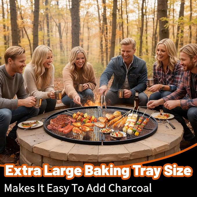 40 Inch X-Marks Fire Pit Grill Grate Round Foldable Fire Pit Cooking Grate Heavy Duty Steel Campfire BBQ Grill Grid with Handles for Outdoor Camping Cooking Black