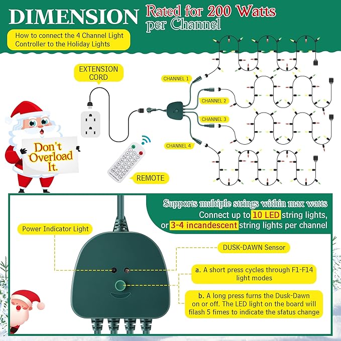 Christmas Light Controller with Remote Create Dazzling Lighting Displays with Multiple Functions Timer Dusk to Dawn Sensor Adjust Speed for Outdoor Indoor String Light (4 Channel 14 Functions)