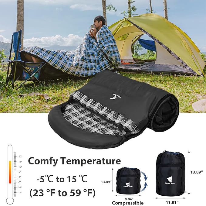 GEERTOP Flannel Sleeping Bags for Adults Big &amp Tall People Portable Cold Weather Envelope XXL All Seasons Camping Sleeping Bag