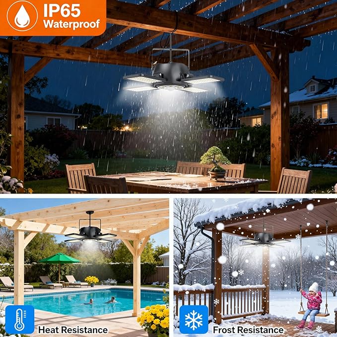 Solar Shed Light Outdoor Indoor Upgrade 1200LM 174LED 4 and 1 Heads Motion Sensor Pendant Light Solar Lights with 5 Lighting Modes Remote Control IP65 Waterproof for Barn Patio Gazebo Shop