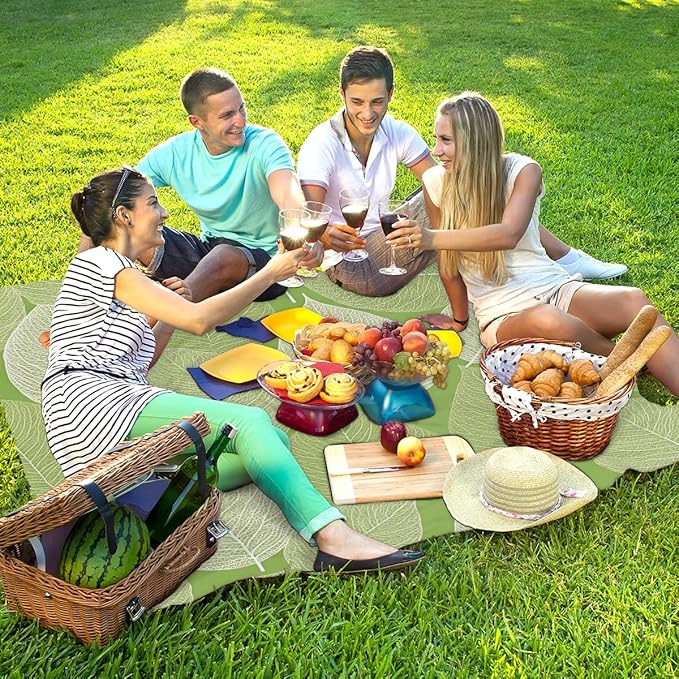 Waterproof Sandproof Beach Blanket 59''×68'' Acacia Leaves Polyester Outdoor Picnic Blanket with 4 Stakes &amp Storage Bag for BeachCampingVacation Green