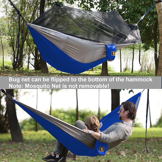 Camping Hammock with NetTravel Portable Lightweight Hammocks with Tree Straps and Solid D-Shape CarabinersParachute Nylon Hammock for Outsides Backpacking Beach Backyard Patio Hiking Blue &amp Grey