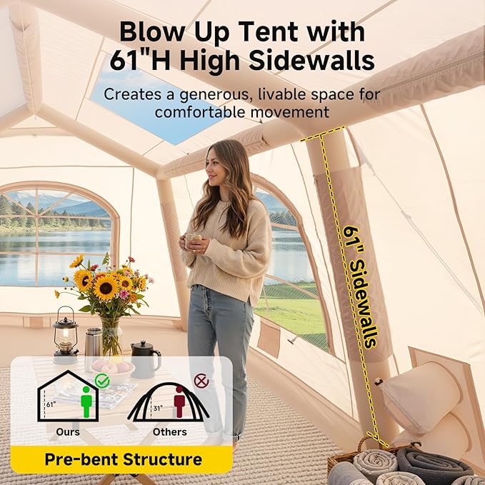 Inflatable Tent for Camping Waterproof Oxford Large Blow Up Hot Tent with Pump Easy Setup Inflatable Glamping House Air Tent for Family 4/6/8/10/12 People