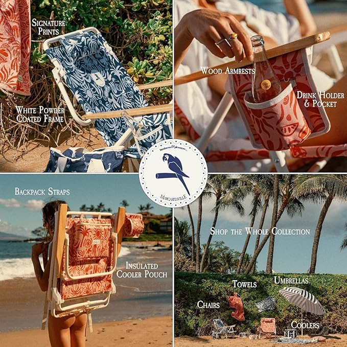Business &amp Pleasure Co. Margaritaville Manana Backpack Beach Chair Lay Flat Reclining Lightweight &amp Portable Insulated Cooler Pocket Continental Drifter Stripe