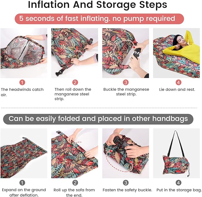 ele ELEOPTION Outdoor Inflatable Camping Couch Waterproof Portable Blow Up Air Sofa Chair Lounger for Backyard Beach Traveling Camping with Compression Sacks (Red Leaf Print)