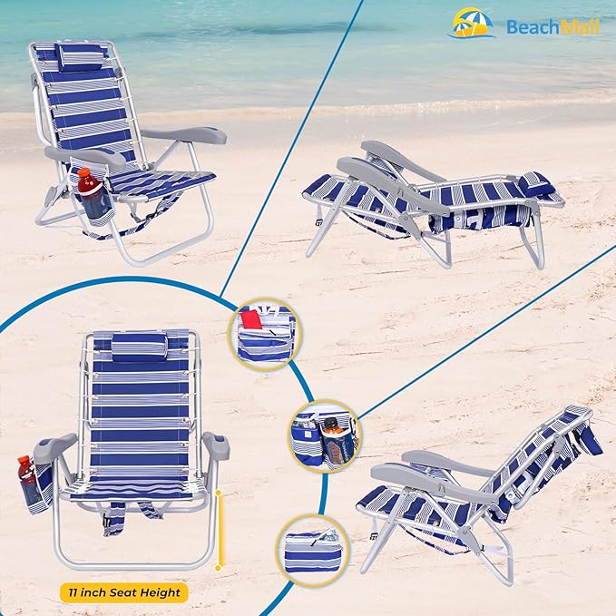 Ultimate Heavy Duty Aluminum Folding Backpack Beach Chair for Adults | Lay Flat 5 Reclining Positions | Removable Insulated Cooler Pouch | 300 lbs Weight Capacity