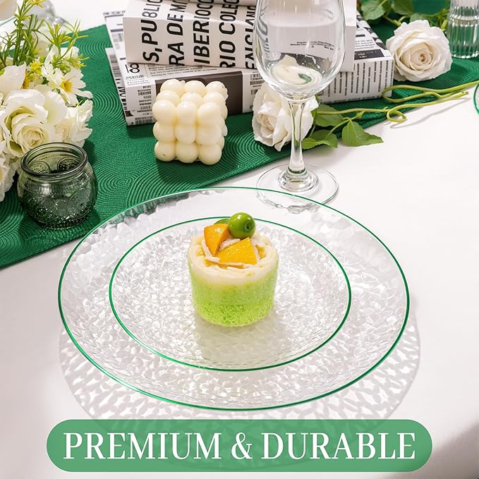 Rubtlamp 60Pcs Plastic St Patricks Day Plates Plates Clear Plastic Disposable Plates With Green Rim Green Heavy Duty Fancy Hammered Party Plate Include 30 Dinner Platos30 Salad Platos for Easter