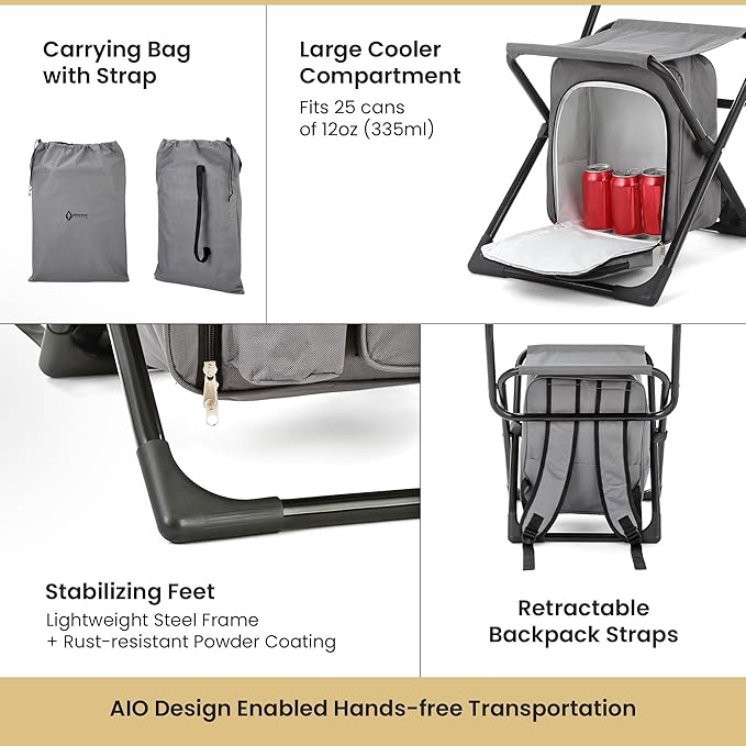 ARROWHEAD OUTDOOR Multi-Function 3-in-1 Compact Fishing Chair: Backpack Stool &amp Insulated Cooler w/Bottle Holder &amp Storage Bag External Pockets Backrest Camp Hiking Heavy-Duty USA-Base
