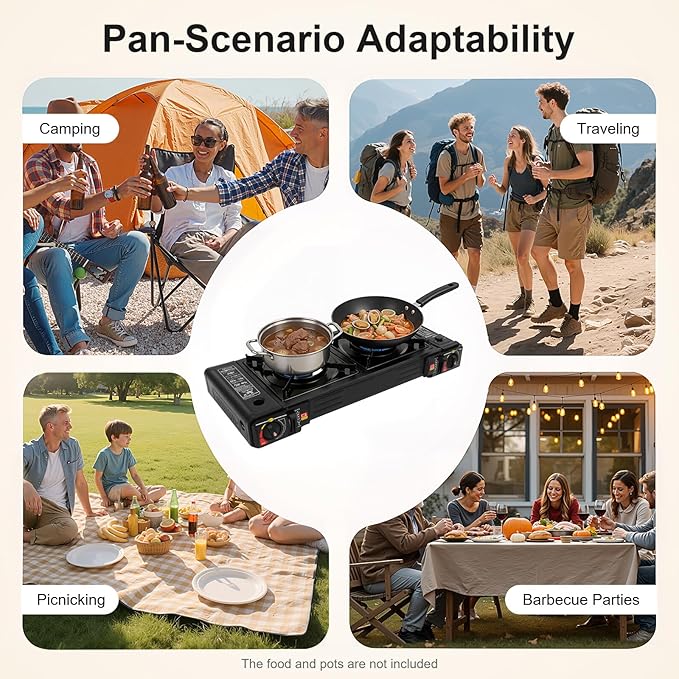 2-Burner Portable Camping Stove Butane Camping Stove Outdoor Travel Camp Stove for Camping BBQ Home (with Grill Tray)