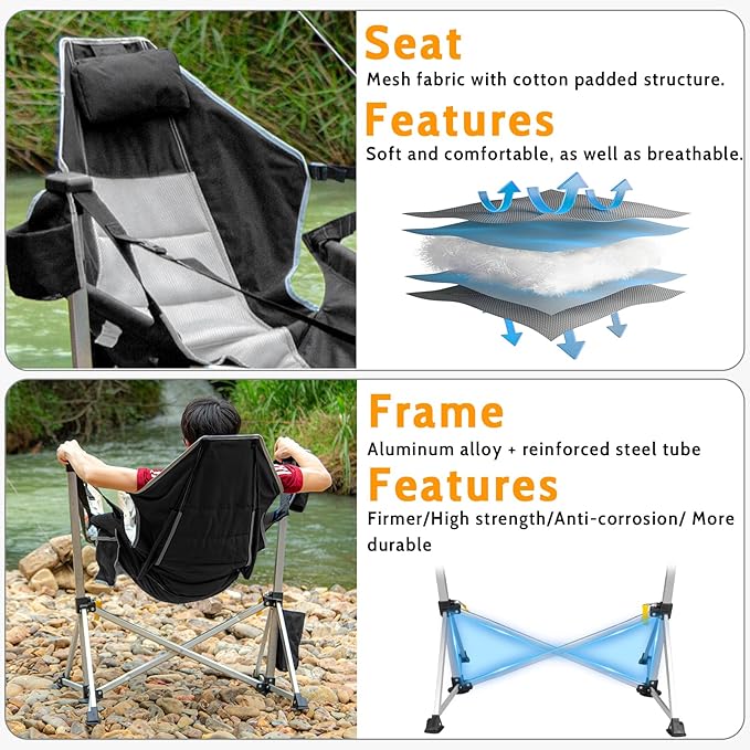 Romswi 2-Pack Aluminum Hammock Chair with Footrest Oversized Portable Folding Swinging Chair with Adjustable Back &amp Seat Lightweight Rocking Camp Chair Supports 440lbs for Outdoor Patio - Black