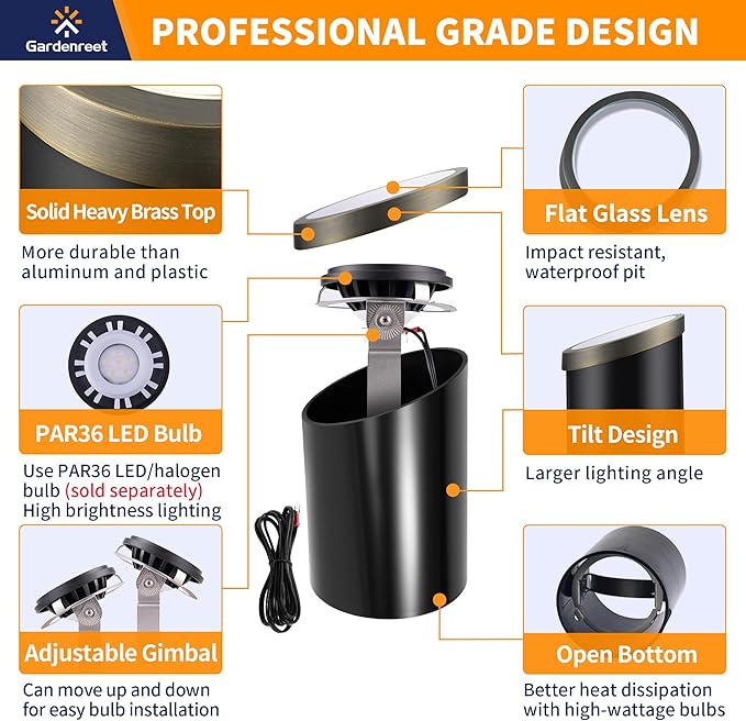 Gardenreet Low Voltage Well Light - Brass Hardwired All Weather Ip65 In-Ground LED Lighting 12V Directional Fixture Antique Bronze for Tree Pathway Floor Without PAR36 Bulb