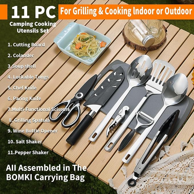 Evanda Camping Kitchen Cooking Utensil Set 10 Piece Stainless Steel Outdoor Cooking and Grilling Utensil Organizer Travel Set Perfect for Travel Camping RVs BBQs Picnics Parties and More