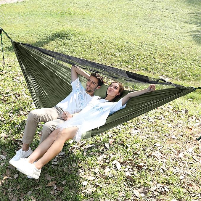 Camping Hammock with Mosquito Net and Ridge Rope Extra Large for 2 Person Lightweight Hanging Hammocks Tree Straps All-in-one Fast Open Hammock for Outside Hiking and Travel