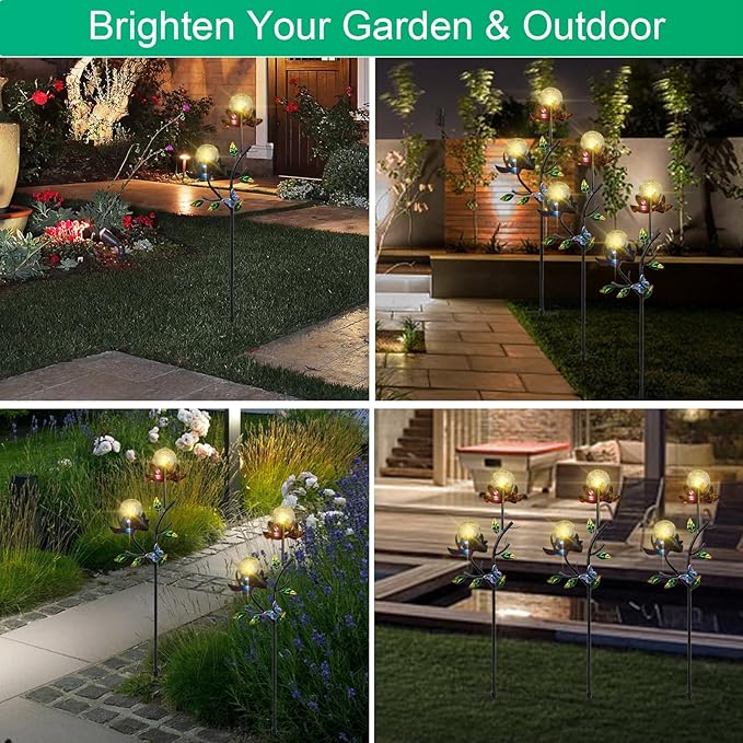 VCUTEKA Solar Garden Flowers with LED Light Crackle Glass Globe Solar Lights Outdoor Metal Stake Wind Spinner for Garden Decoration Patio Decor Yard Decor and Gift for Mother