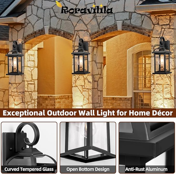 2-Pack Outdoor Wall Lights Dusk to Dawn 15 Inch Aluminum Anti-Rust Exterior Light Fixture with IP65 Clear Tempered Glass Large Outside Wall Sconce Lanterns for House Matte Black
