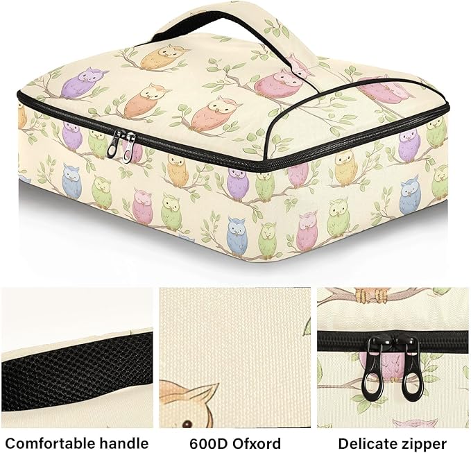 Casserole Carrier Cute Cartoon OwlsInsulated Casserole Carrier for Hot or Cold Food Thermal Lunch Tote for Potluck Parties Picnic Beach Fits 9 x 13 Inches Baking Dish