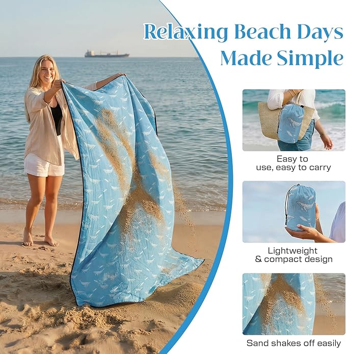 OIGAE 7x7ft Sandproof Beach Blanket - Large Waterproof Picnic Mat for 3-4 People Lightweight Sand Free Mat for Summer Vacation with 6 Stakes &amp 4 Corner Pockets for Beach Camping Festivals