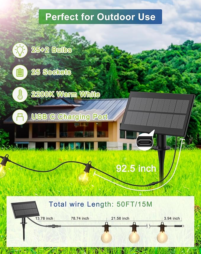 Solar String Lights Outdoor Waterproof 50FT with USB Port and 27 Shatterproof G40 Bulbs(2 Spare) LED Solar Powered Patio Lights for Outside Porch Backyard Bistro Garden Market - 2200K