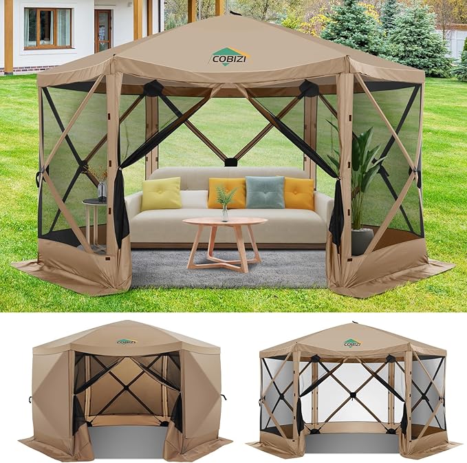 COBIZI 12x12 pop up Gazebo on Clearance Screen Tent for Camping Camping Outdoor Screened Gazebo &amp Canopy TentPortable Hub with Carrying Bag and Ground Stakes Khaki(Upgraded 2.0)