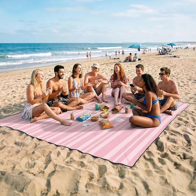 OIGAE Oversized Beach Blanket 9×10 ft Sand-Free Outdoor Mat for Groups Quick-Dry Picnic Blanket with Stakes &amp Corner Pockets Pink Stripe