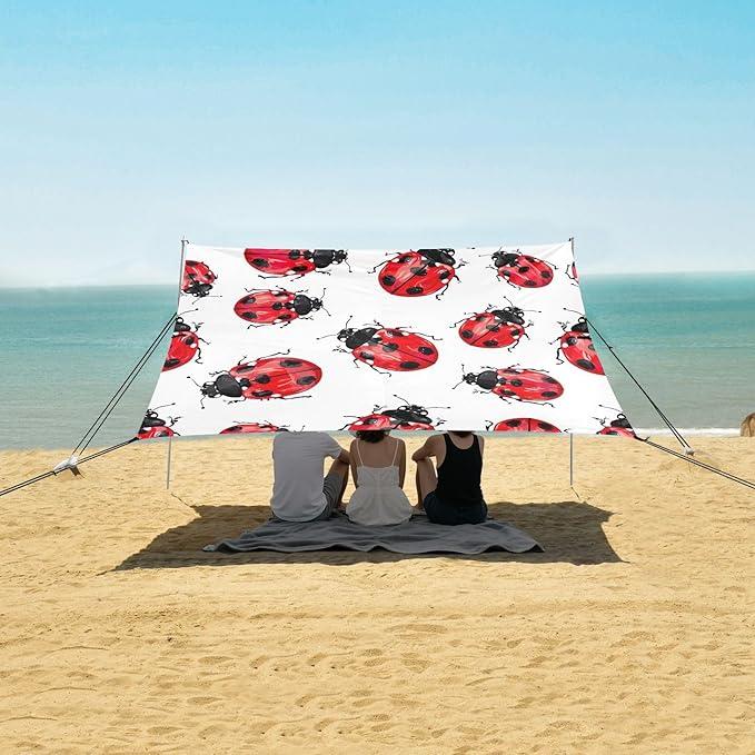 Lady Bug Pattern Beach Tent Sun Shelter 9.2' x 10.5' Beach Canopy with 4 Sandbags 4 Stability Poles Sand Shovels - Tent Canopy for Beach Camping Fishing Picnics