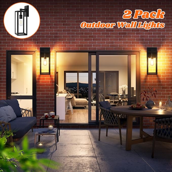 Brightever 2-Pack Outdoor Wall Light Exterior Waterproof Wall Sconce Light Fixtures 15 Black Outdoor Wall Lamp with Clear Glass for House Porch Front Door Garage Patio Bulbs Not Included