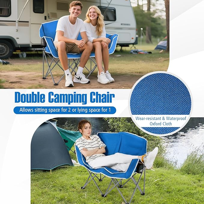 Goplus Double Camping Chair Folding 2-Person Couch w/2 Cup Holders Dual Back Pockets Heavy-Duty Metal Frame Oversized Duo Lawn Chair for Adults Perfect for Backyard Patio(Blue)