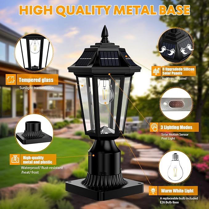 2Pack Solar Lamp Post Light Outdoor 3000K Dusk to Dawn with Motion Sensor &amp Pier Mount Base Waterproof Solar Post Lights for Garden Yard Pole 3 Modes(Warm White)